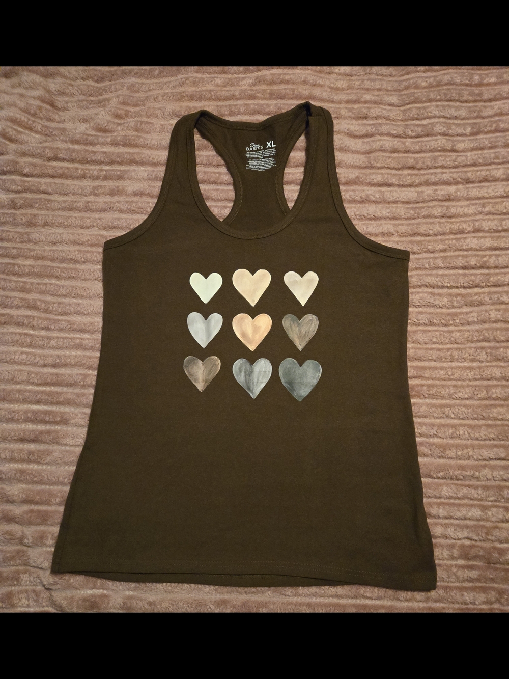 Buy 2 Get 1 Free! Soft Brown Tank with Metallic Hearts On Front & Detailed Back.